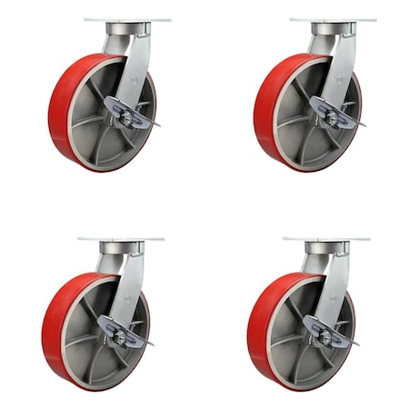 Service Caster 12'' Heavy Duty Red Poly on Cast Iron Caster Set with Brake and Swivel Lock, 4PK CRAN-SCC-KP92S1230-PUR-RS-SLB-BSL-4